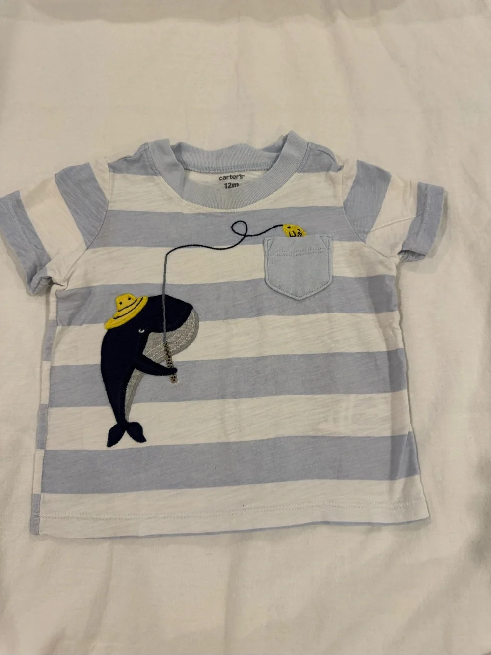Carter's Light Blue & White Striped Whale Pocket Tee with Yellow Hat Detail